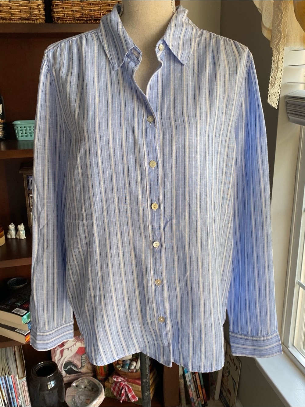 Lola River Linen Sky Blue and White Pinstripe Womans Button Down Blouse XL
